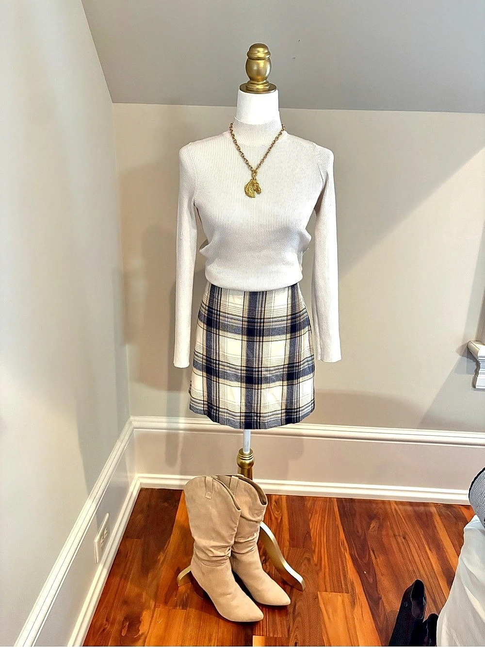 francesca's Plaid Mini Skirt in Blue & White Size Large NWT